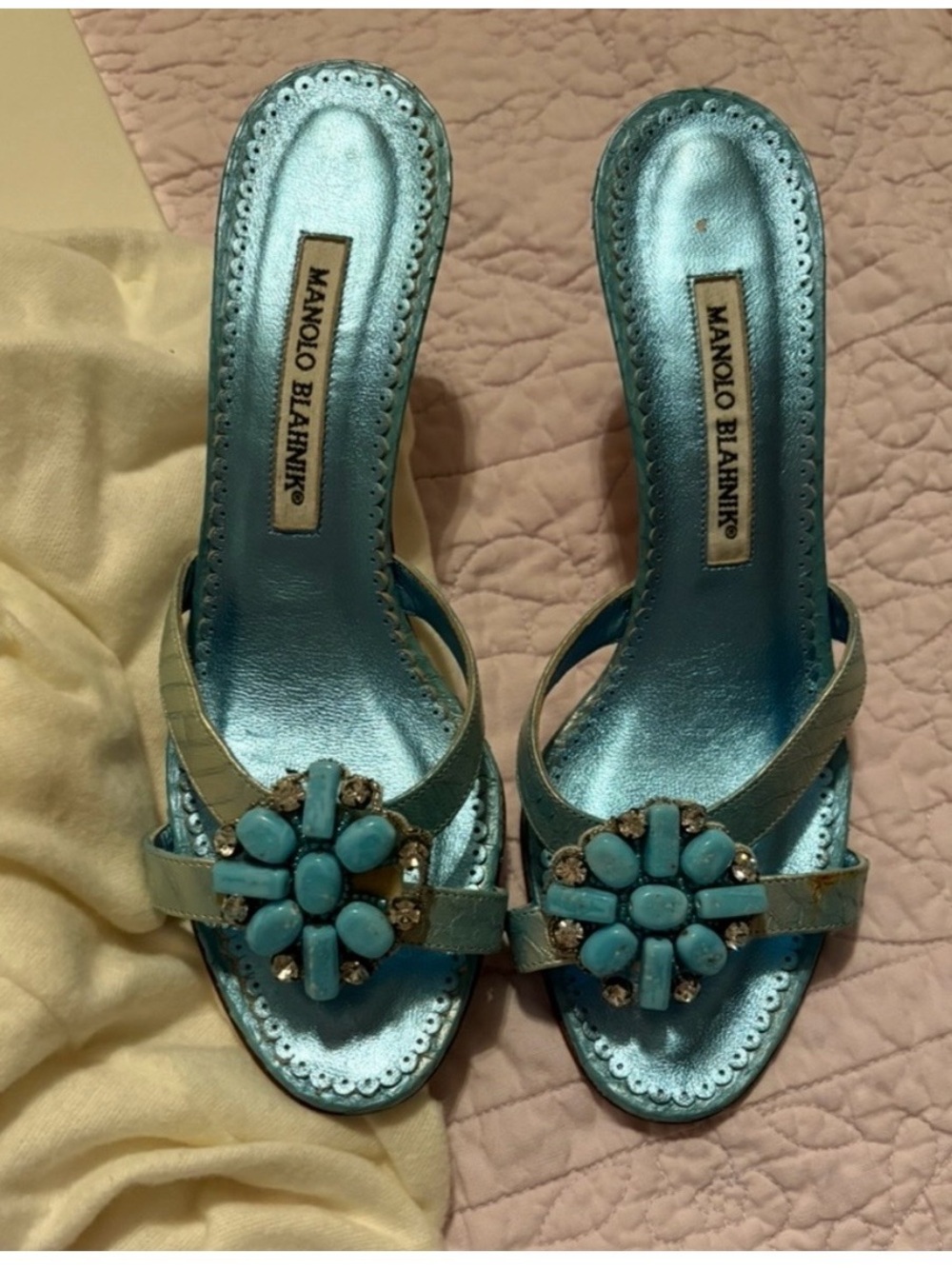 Manolo Blahnik Turquoise Satin Jeweled Mule Slides